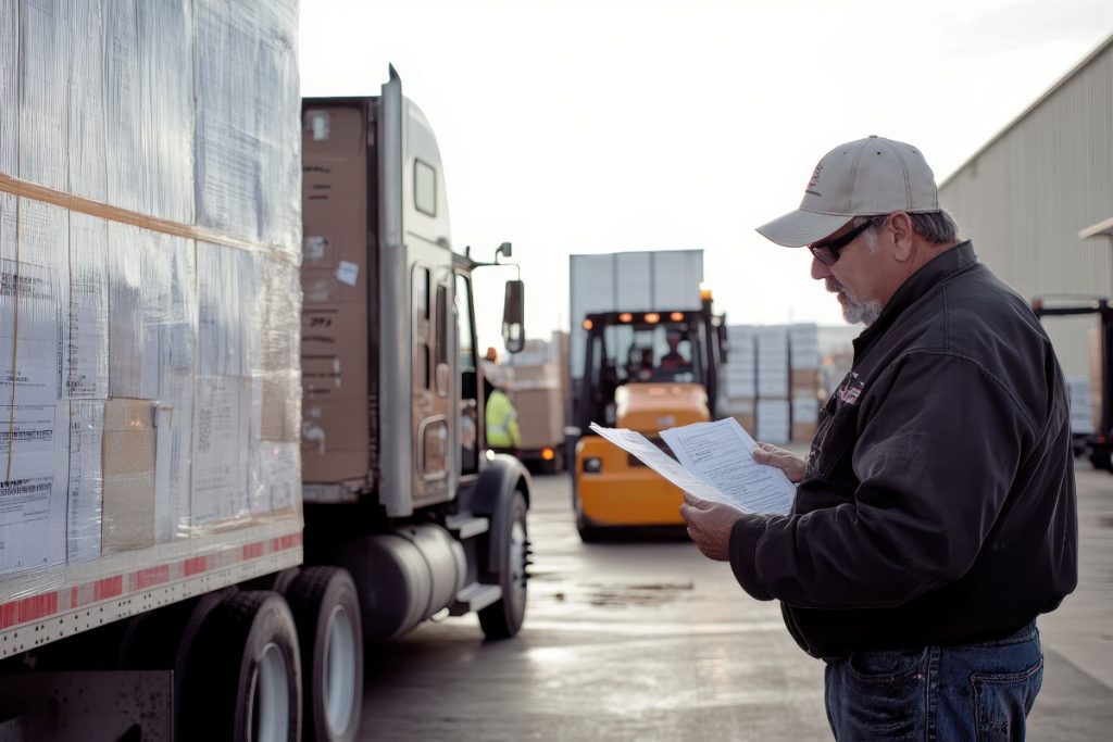 Fleet safety manager reviewing DOT compliance documents next to a loaded commercial truck at a distribution facility