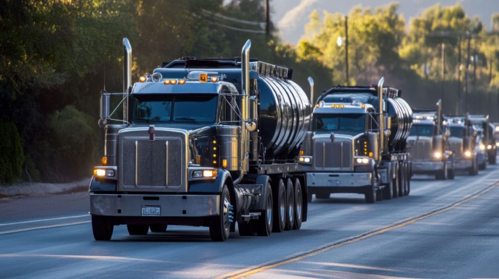 A convoy of commercial tanker semi-trucks traveling down a two-lane highway representing DOT-regulated fleet operations requiring automated compliance reporting