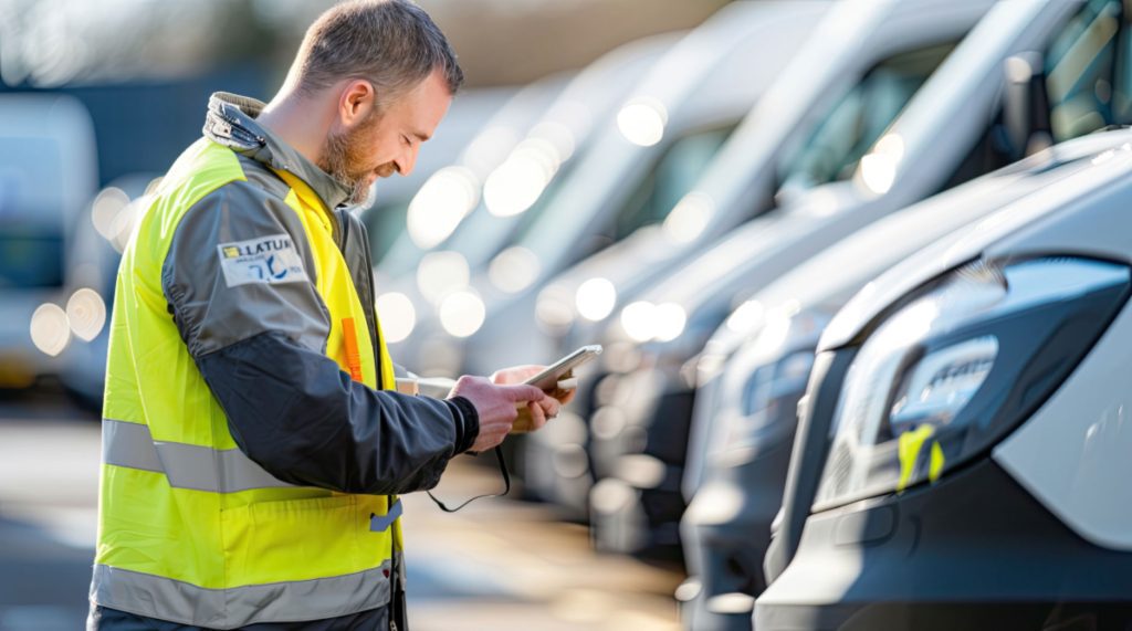Fleet safety professional reviewing driver compliance records during vehicle inspection