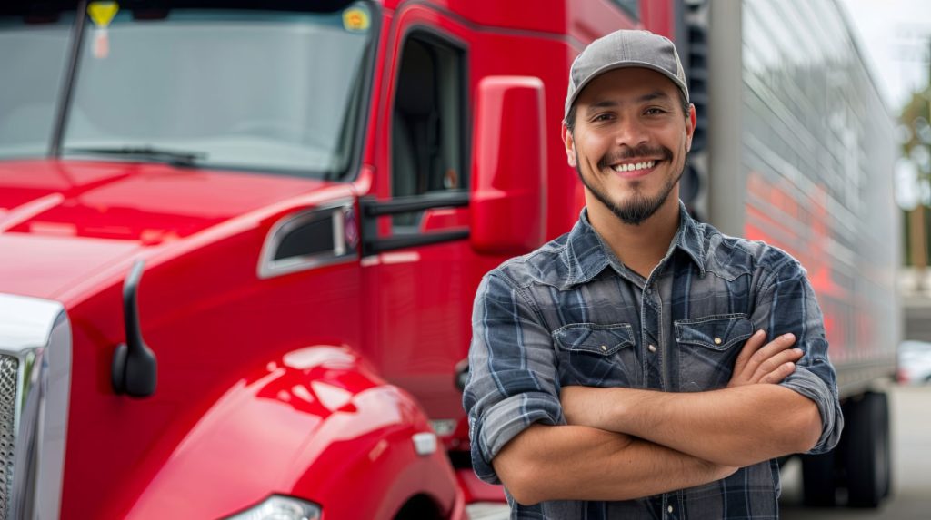 Smiling commercial truck driver standing proudly in front of a semi-truck, representing fleet safety strategies that improve DOT compliance, driver satisfaction, and long-term driver retention.