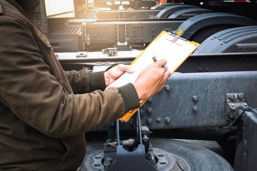 Fleet safety manager inspecting a commercial truck with a clipboard as part of driver safety and training program