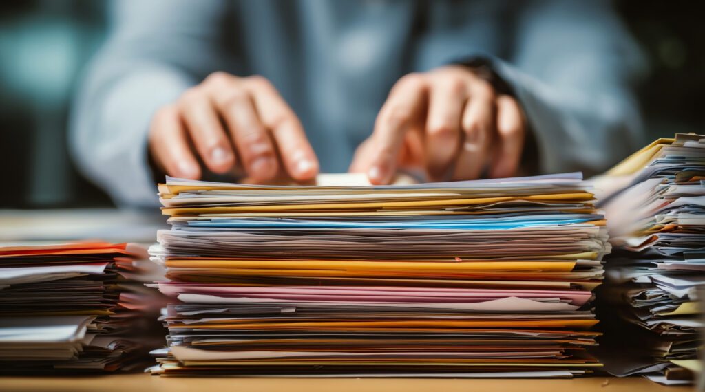 Stack of driver qualification files and paperwork representing DQF retention after driver termination