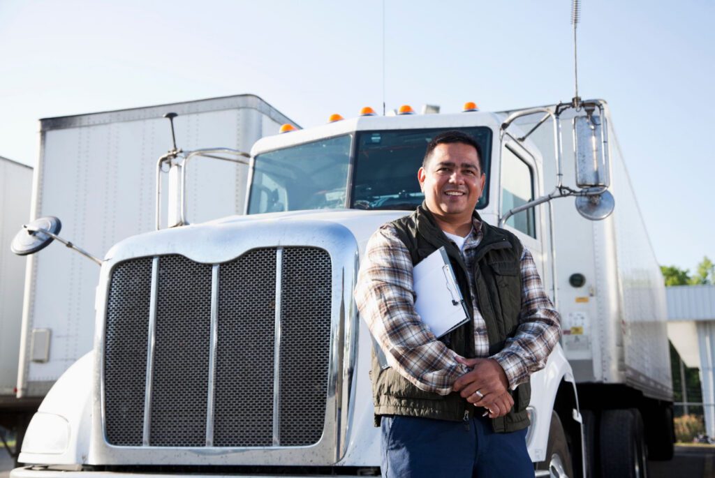 Fleet safety manager reviewing driver screening information with a clipboard in front of a commercial truck